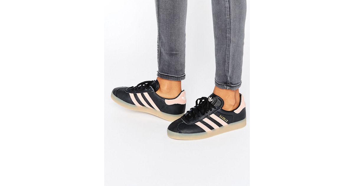 adidas Originals Leather Black And Pink Gazelle Trainers With Gum Sole ...
