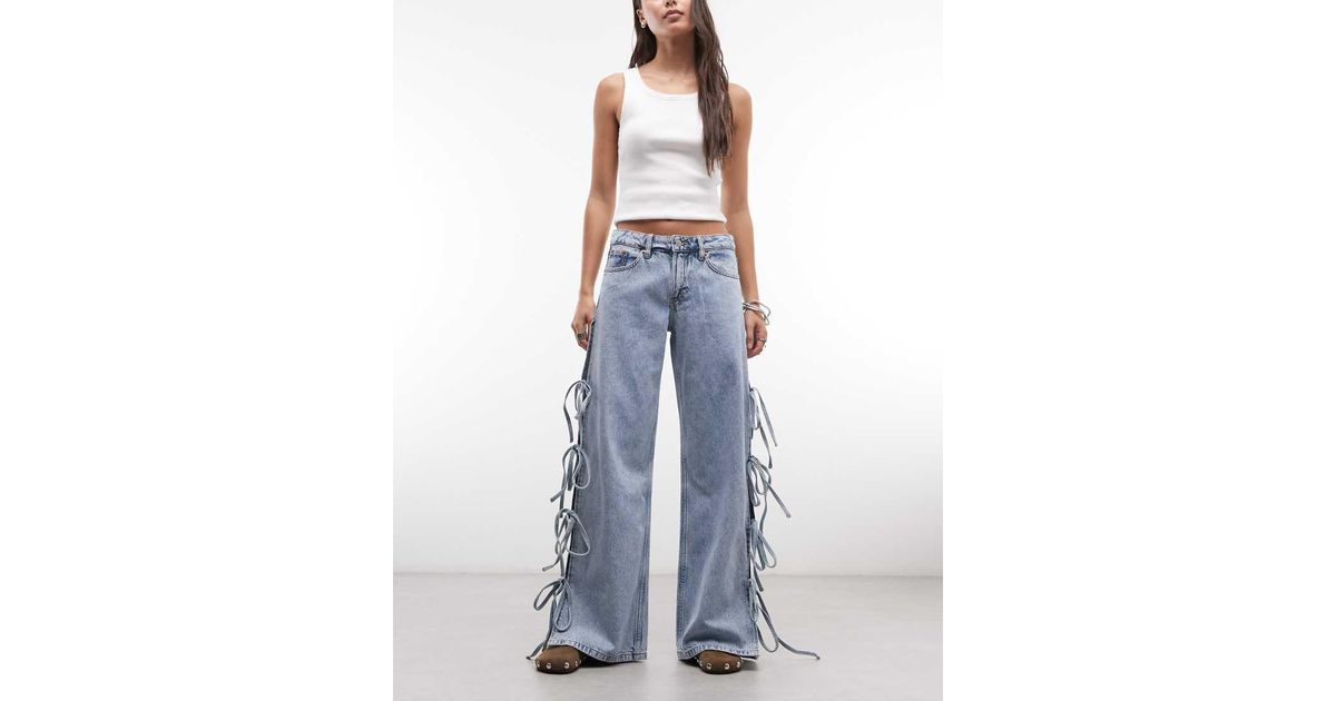 Monki 05913267 Monki Low Waist Wide Leg Jeans With Side Tie Bow Detail in Blue | Lyst UK