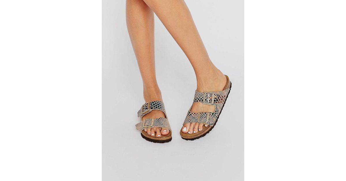 Birkenstock Leather Arizona Shiny Snake Print Narrow Fit Flat Sandals in Brown | Lyst