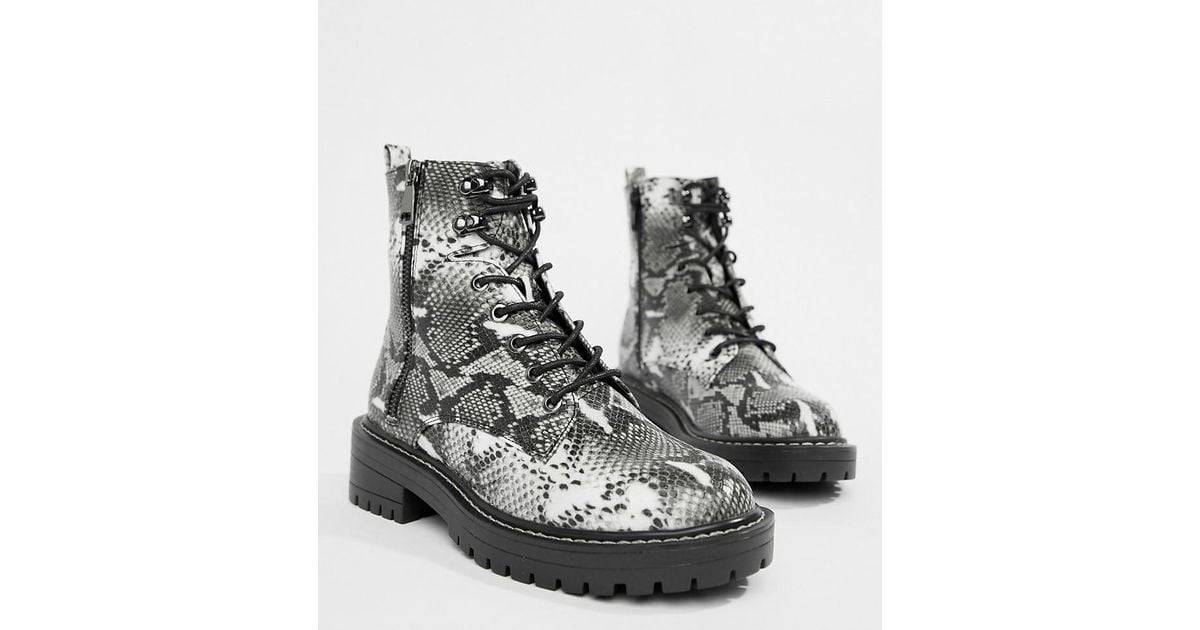 Lace Up Flat Hiker Boots In Snake Print 