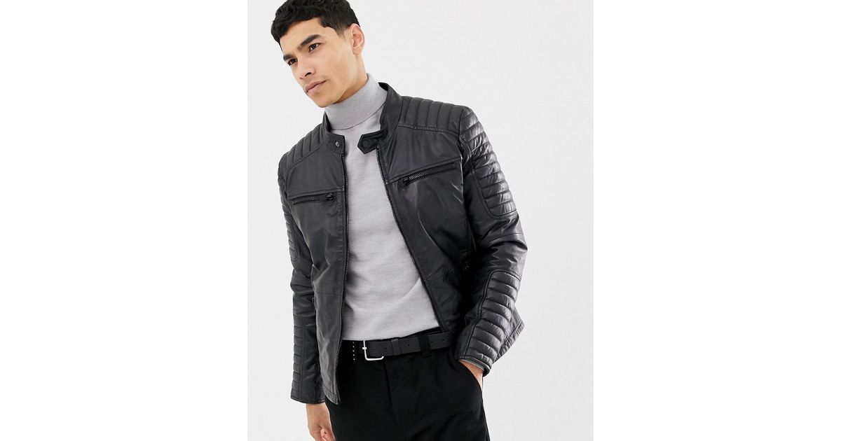 Barney S Originals Black Real Leather Quilted 4 Pocket Jacket For Men