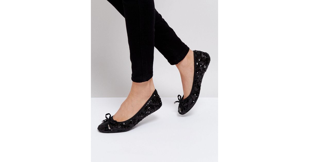 Dune Black Round Toe Fold Up Ballerina Shoe