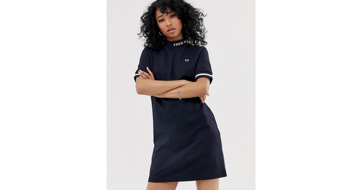 Fred Perry Canvas High Neck Logo Tee Dress in Blue | Lyst