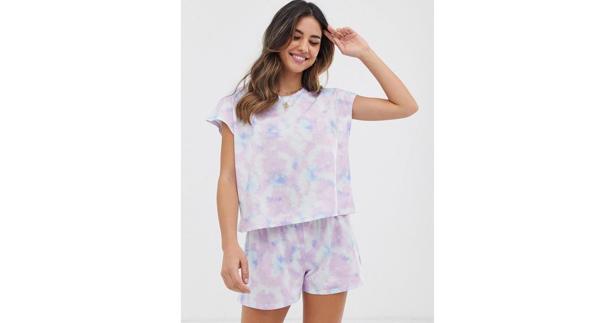 Fanuerg Womens Tie Dye Print Tee and Shorts Pajama Set Sleepwear Nightwear