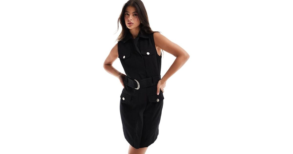 Vestido Corto Estilo Americana Sin Mangas Con Detalle De Cinturón