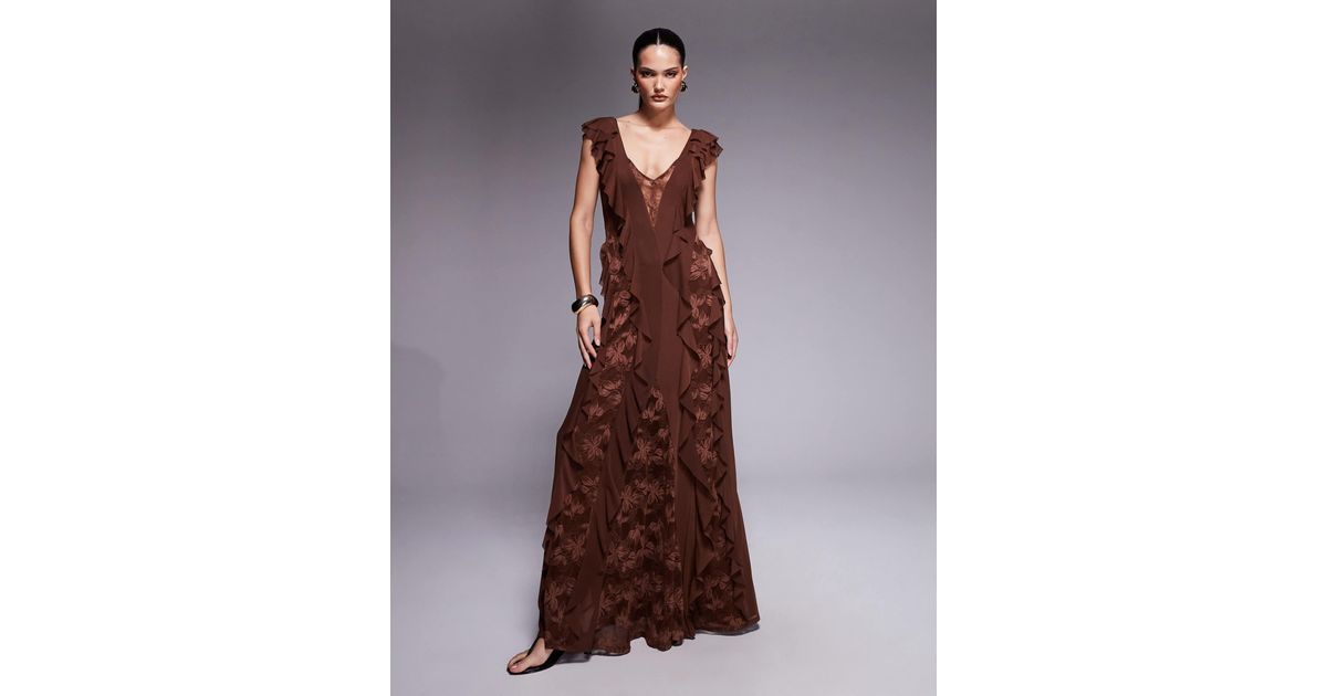 AFRM Trista Lace Insert Ruffle Maxi Dress in Brown | Lyst