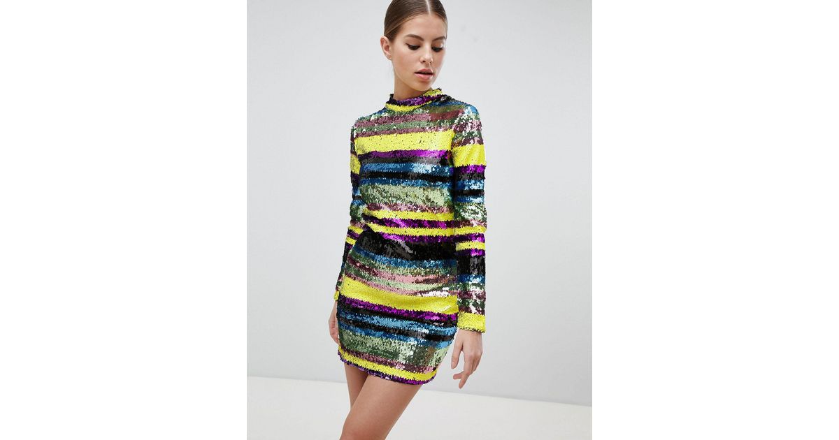 long sleeve rainbow sequin dress