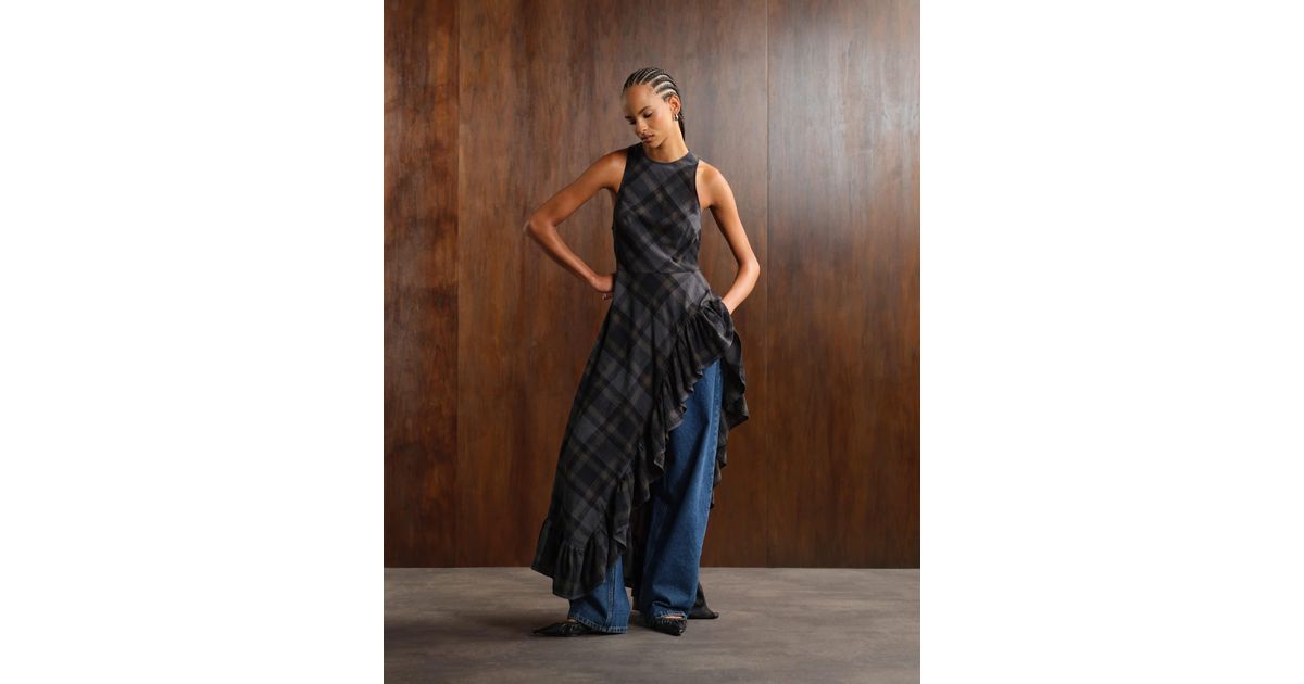 Monki Sleeveless Maxi Dress With Asymmetric Ruffle Hem in Brown Lyst