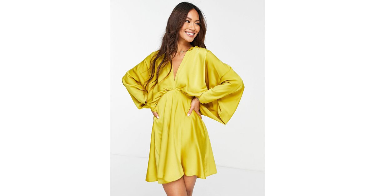 ASOS Batwing Satin Mini Dress With Bias Cut Skirt And Tie Back in Gold (Metallic) | Lyst Canada