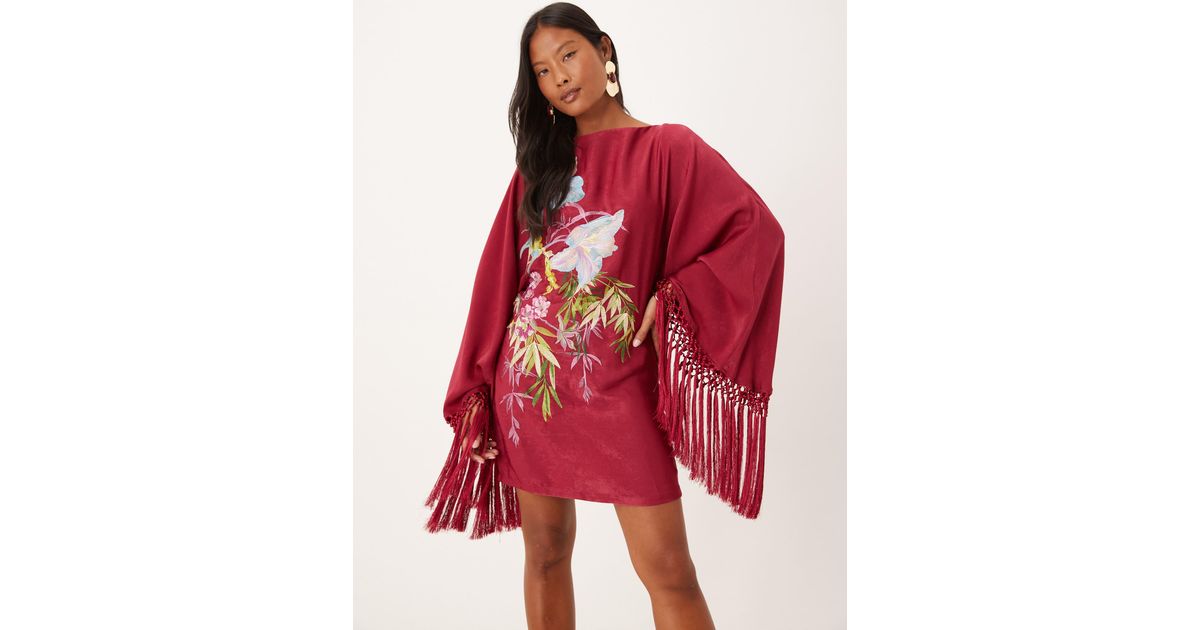 ASOS Asos Design Petite Floral Embroidered Long Sleeve Mini Dress With  Fringing | Lyst