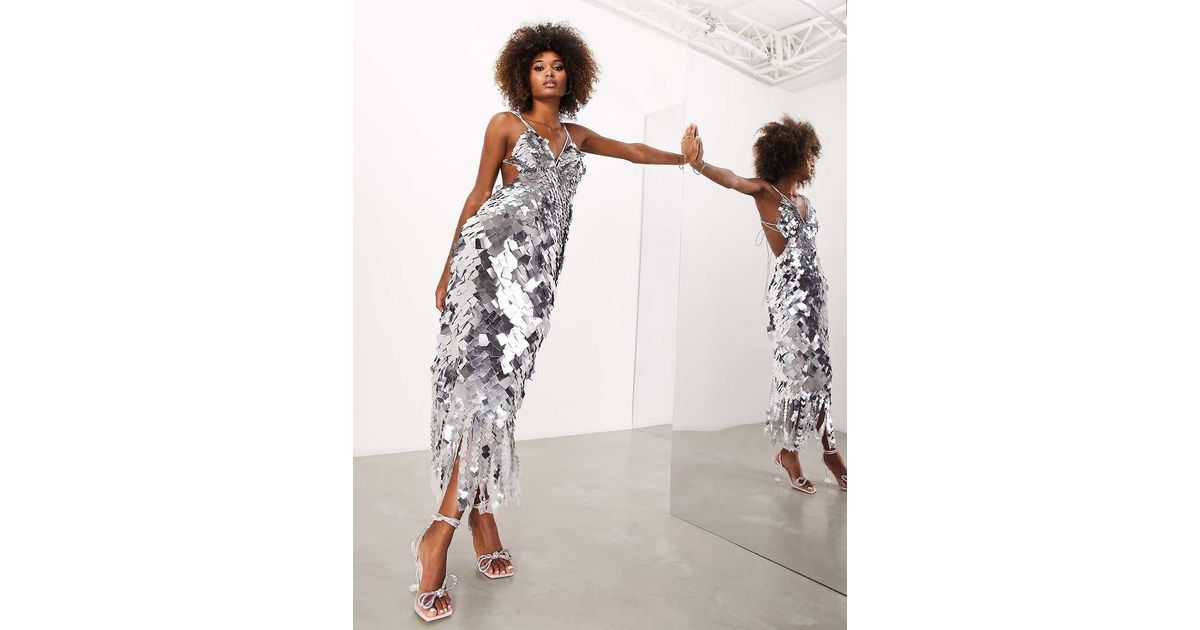 asos edition square paillette sequin midi dress in silver ASOS EDITION square paillette sequin midi dress in silver - UK8 - New W. Tags