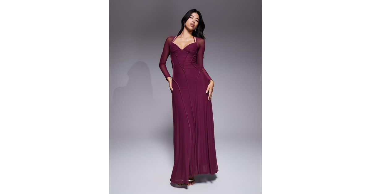 ASOS Mesh Long Sleeve Maxi Dress With Exposed Seam Detail in Purple ...