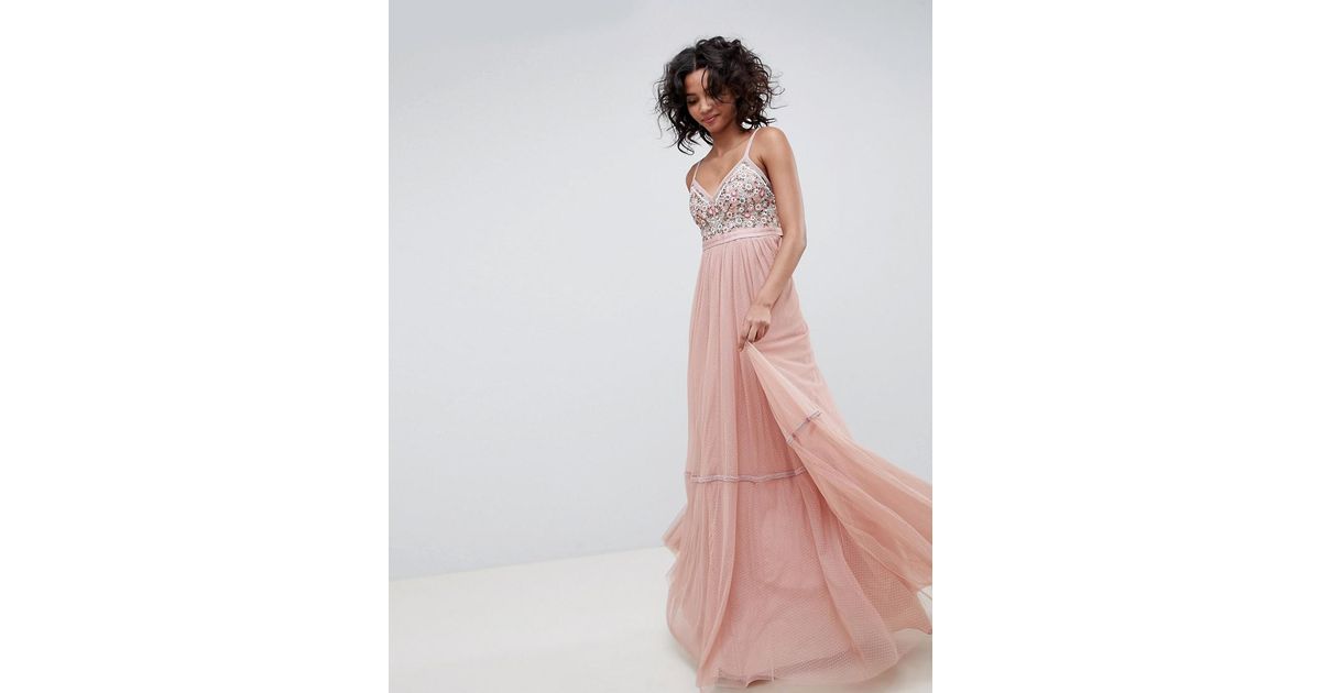 needle & thread embellished tiered tulle maxi dress in rouge