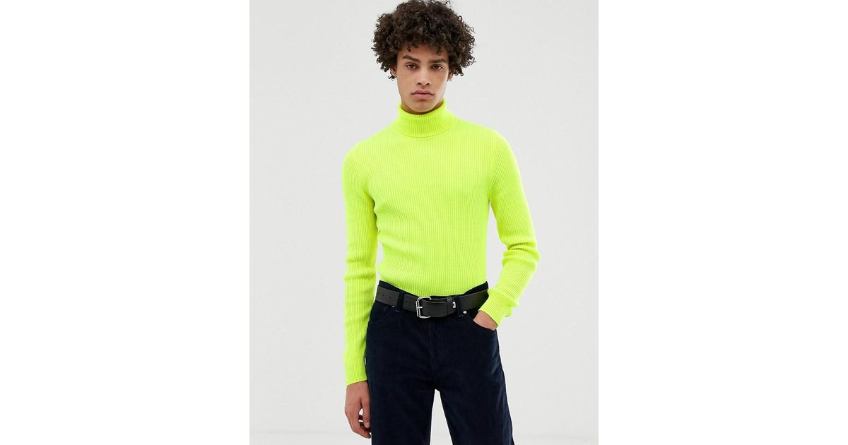 ASOS Muscle Fit Ribbed Roll Neck Sweater In Neon Yellow in Green for Men |  Lyst