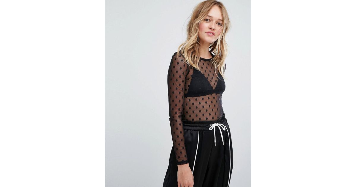 polka dot mesh long sleeve top
