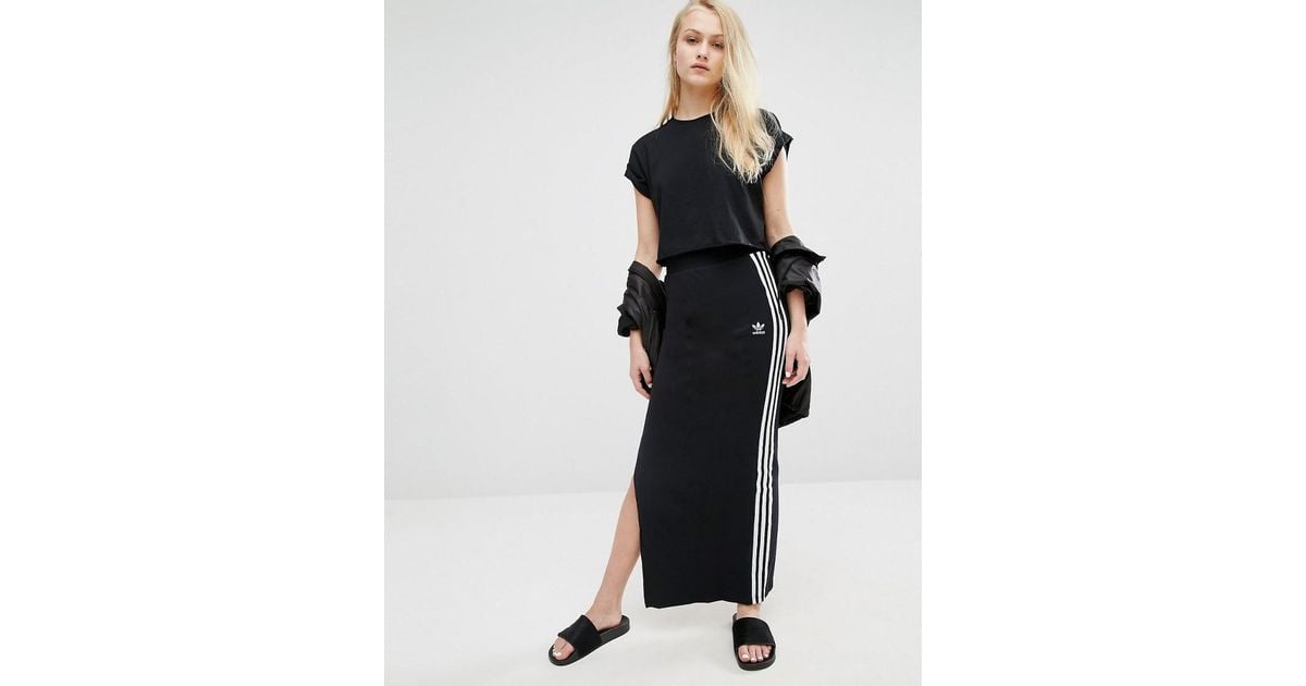 adidas Originals Cotton Maxi Skirt With 3 Stripes in Black | Lyst