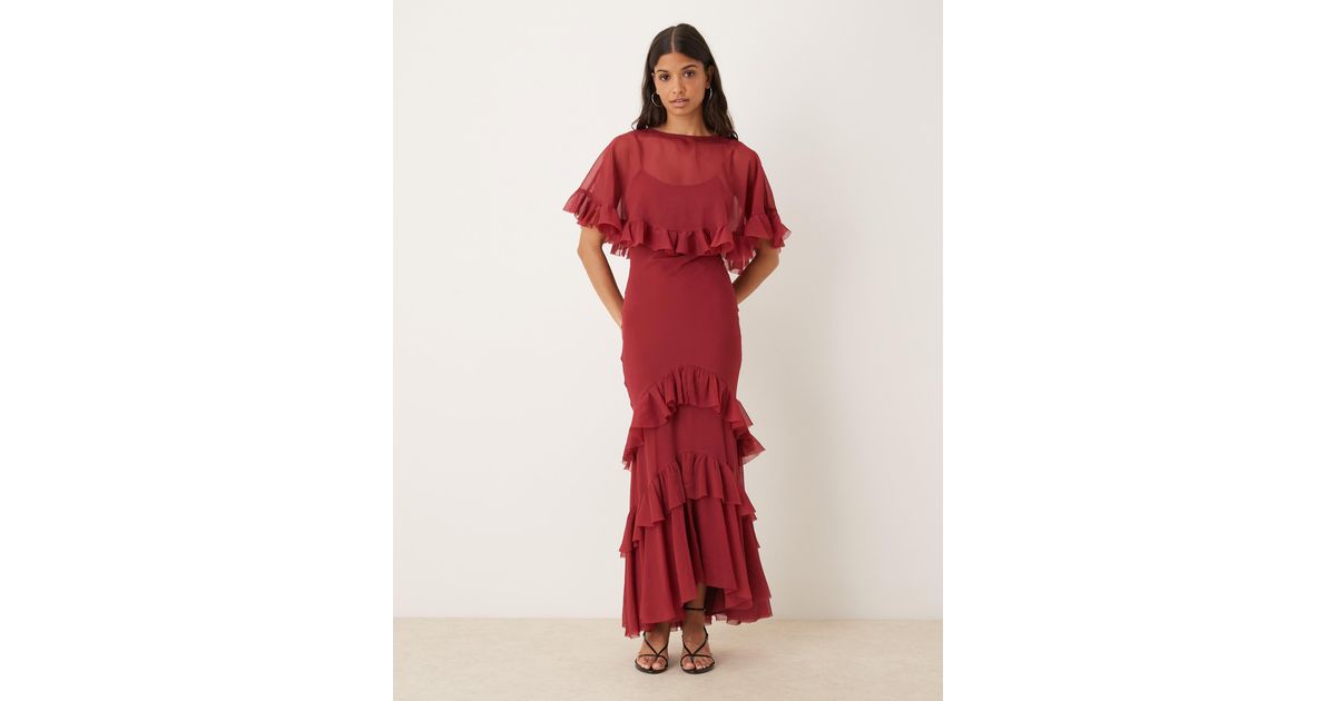 ASOS Cape Overlay Ruffle Bias Maxi Dress in Red | Lyst