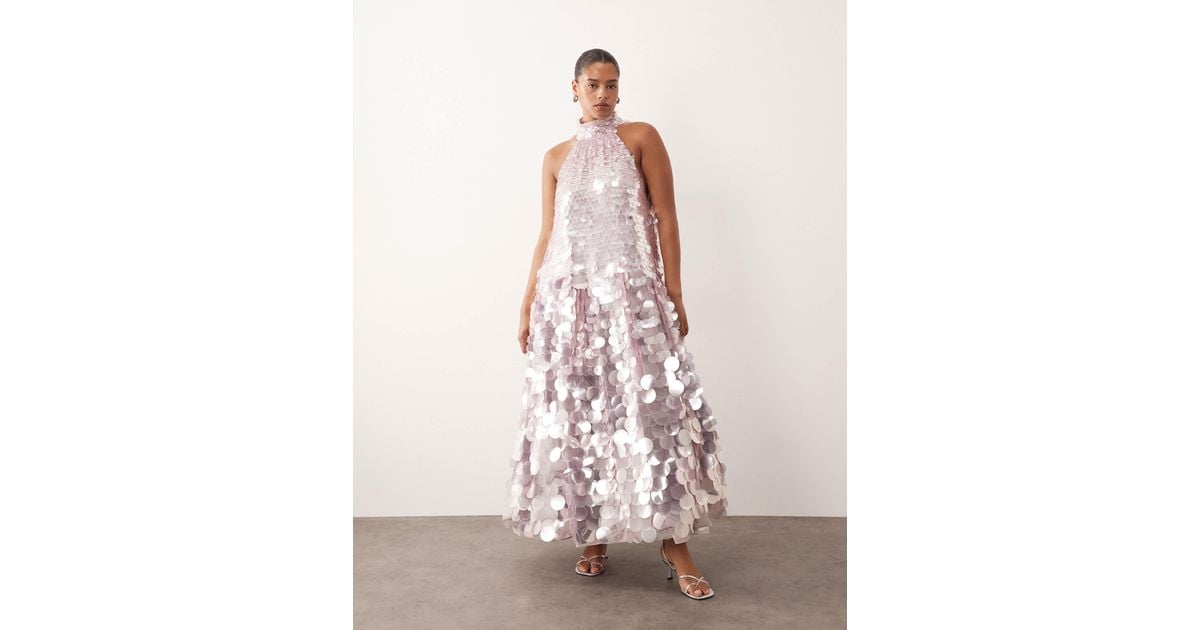 ARRANGE Curve Disc Sequin Halter Trapeze Maxi Dress in Pink | Lyst