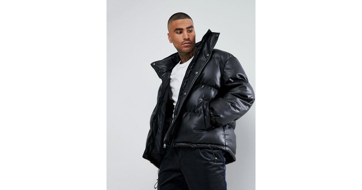 Mennace Puffer Jacket In Leather Look in Black for Men | Lyst