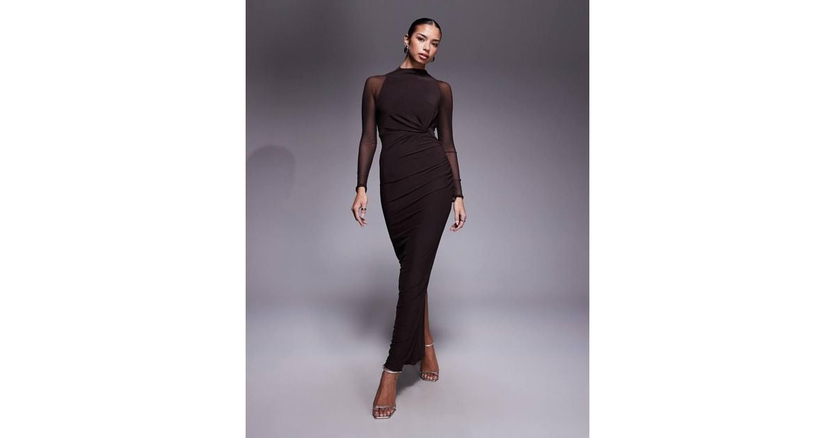 ASOS Mesh Long Sleeve Twist Bust Detail Halter Maxi Dress in Blue | Lyst UK