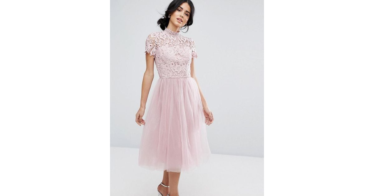 Chi Chi London High Neck Lace Midi Dress With Tulle Skirt in Pink | Lyst  Canada