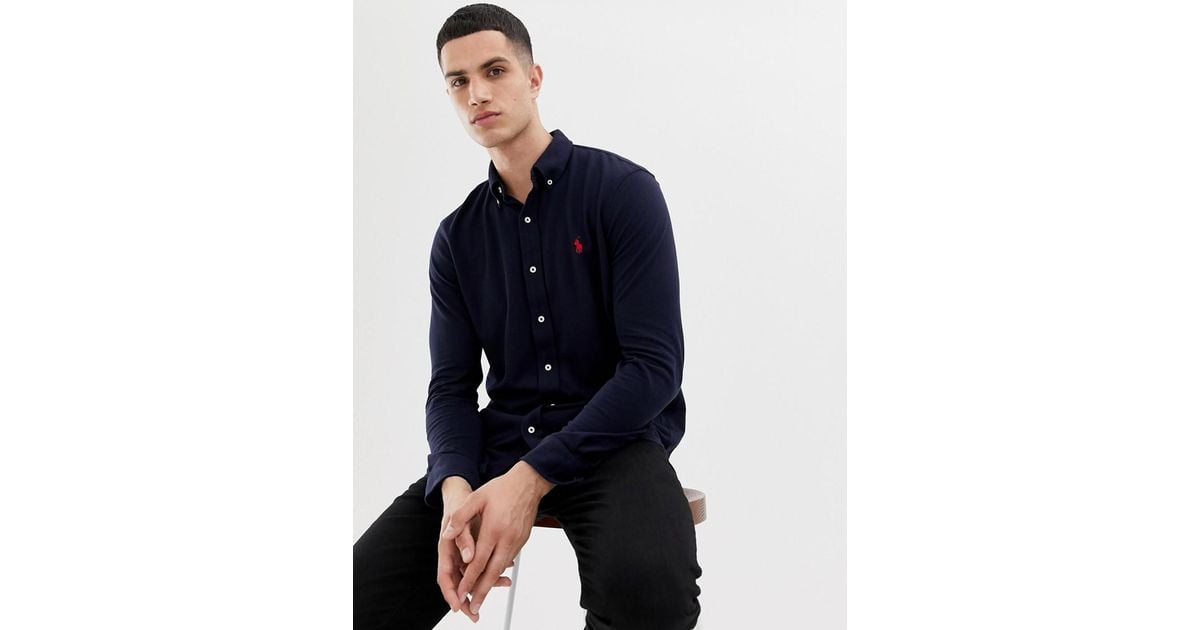 polo ralph lauren slim fit pique shirt player logo button down in navy