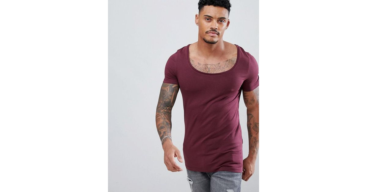 ASOS T-shirt With Deep Scoop Neck In Red for Men | Lyst Canada