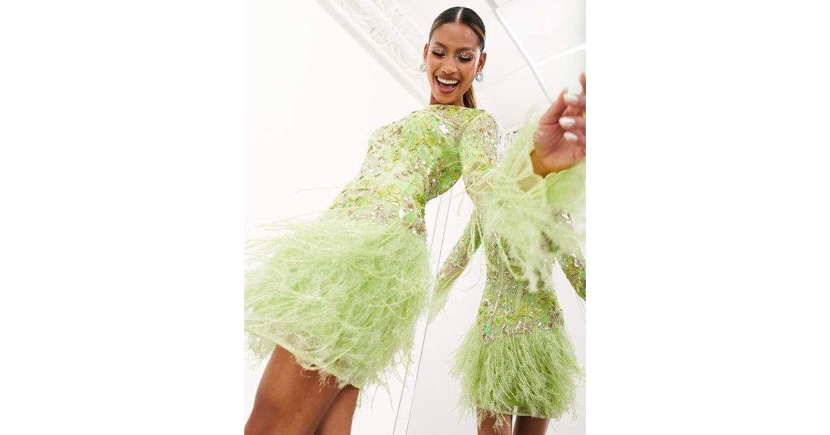 asos green feather dress Embellished Sequin And Fringe Mini With Faux Hem in YGroup_bombshell-mini-dress-petite