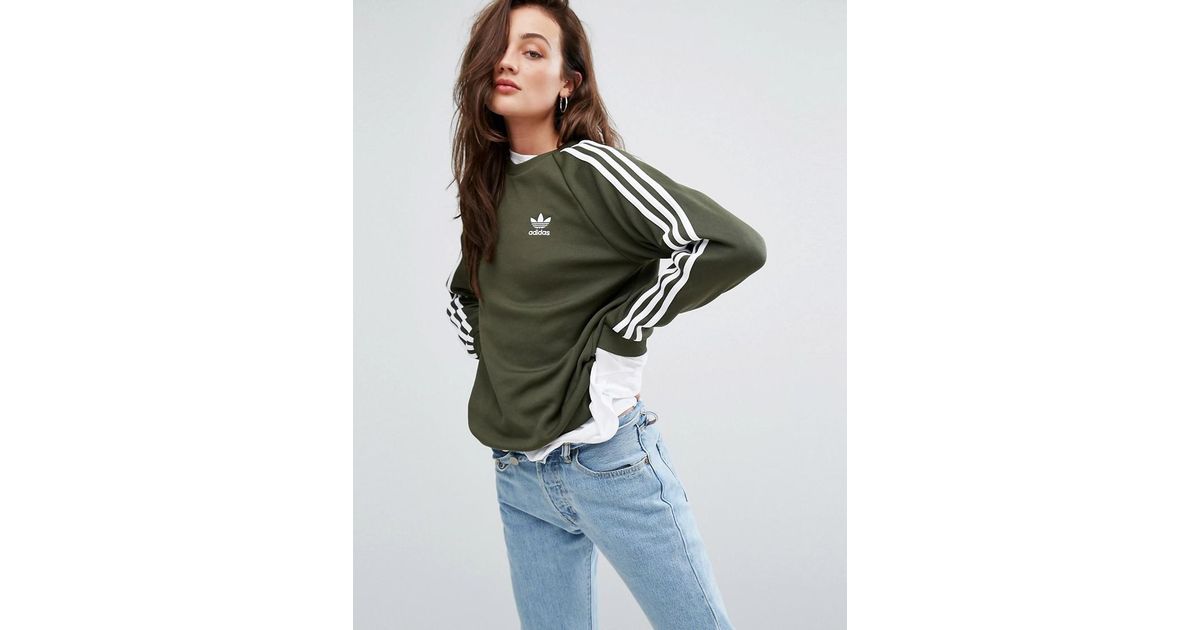 adidas Originals Originals Khaki Three Stripe Boyfriend Sweatshirt in Green  | Lyst UK
