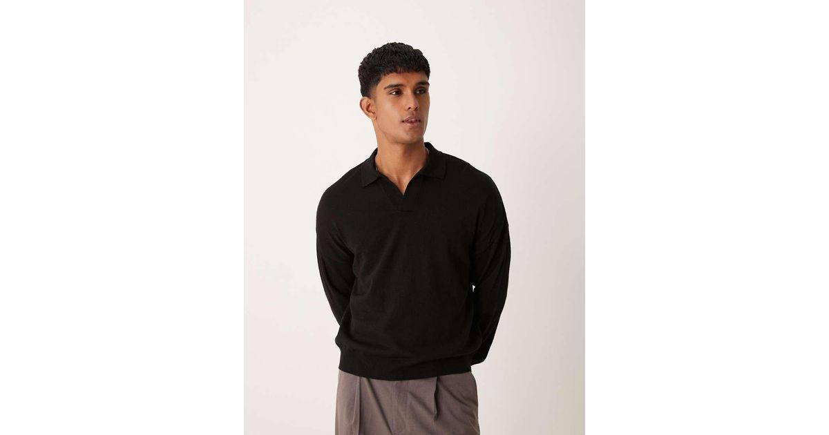 ASOS Relaxed Fit Knitted Long Sleeve Notch Neck Polo in Black for