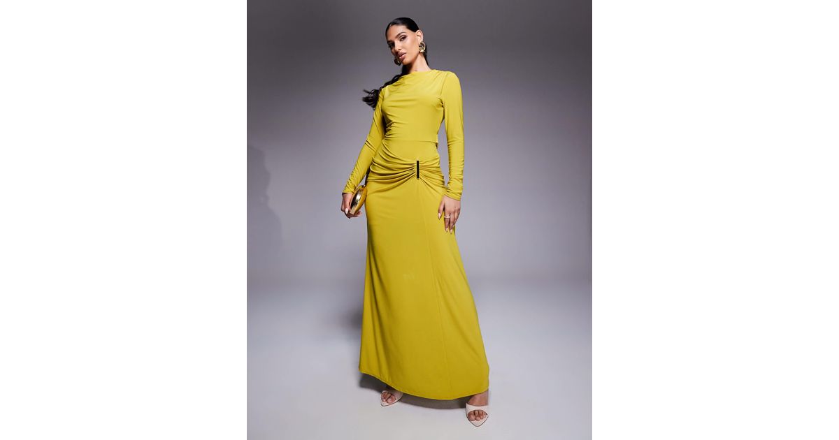 ASOS Long Sleeve Drape Maxi Dress With Hitched Skirt And Trim in Yellow ...