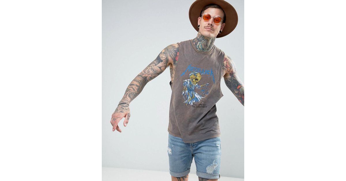ASOS Metallica Sleeveless Band Tshirt With Dropped Armhole And Acid Wash in Gray for Men Lyst
