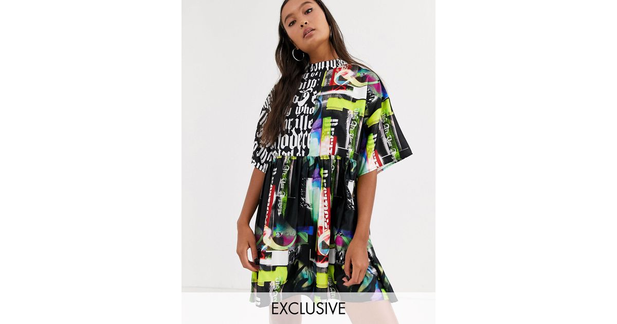 collusion mixed print smock dress