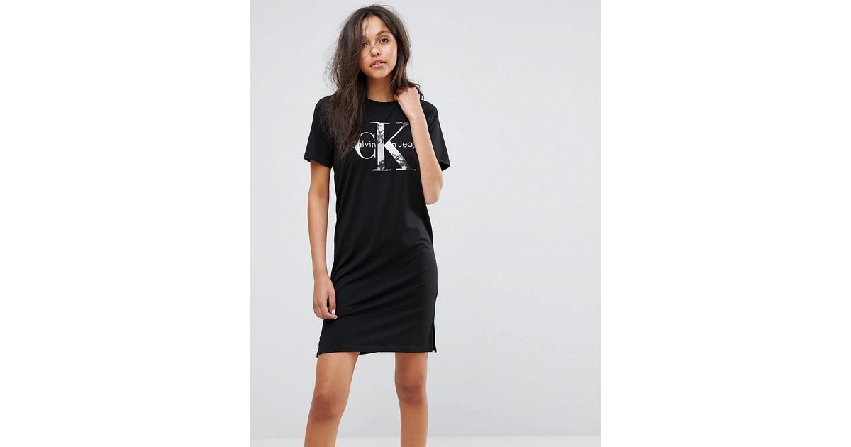 Calvin Klein Denim Jeans Print Logo T Shirt Dress In Black Lyst