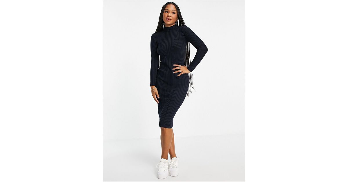 high neck rib midi dress