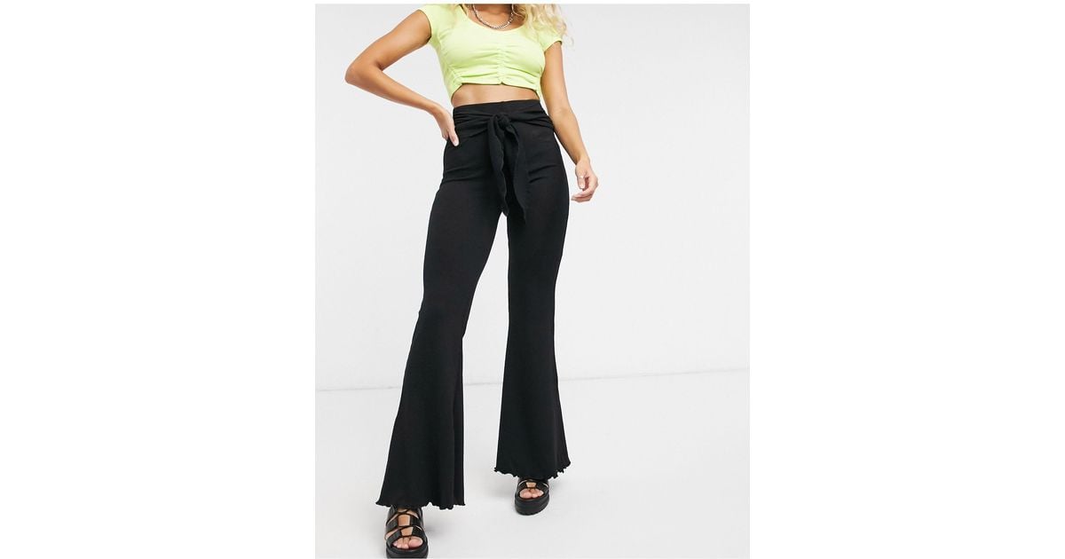 Bershka Denim Tie Waist Ribbed Flare 