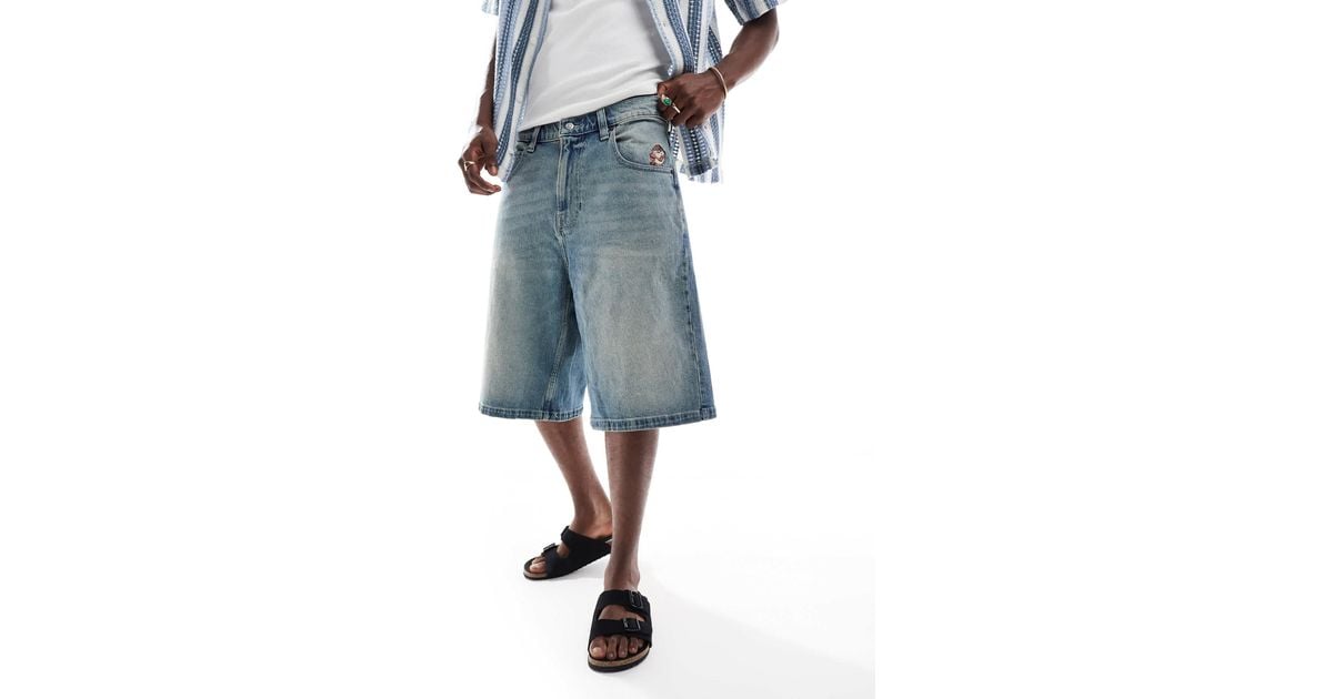 Hollister Super Baggy Denim Embroidered Short in Blue for Men | Lyst