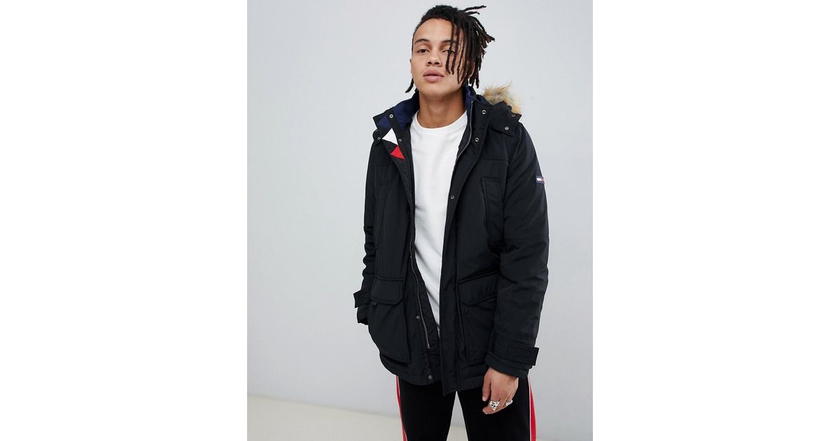 tommy jeans technical quilted parka faux fur trim hood in black