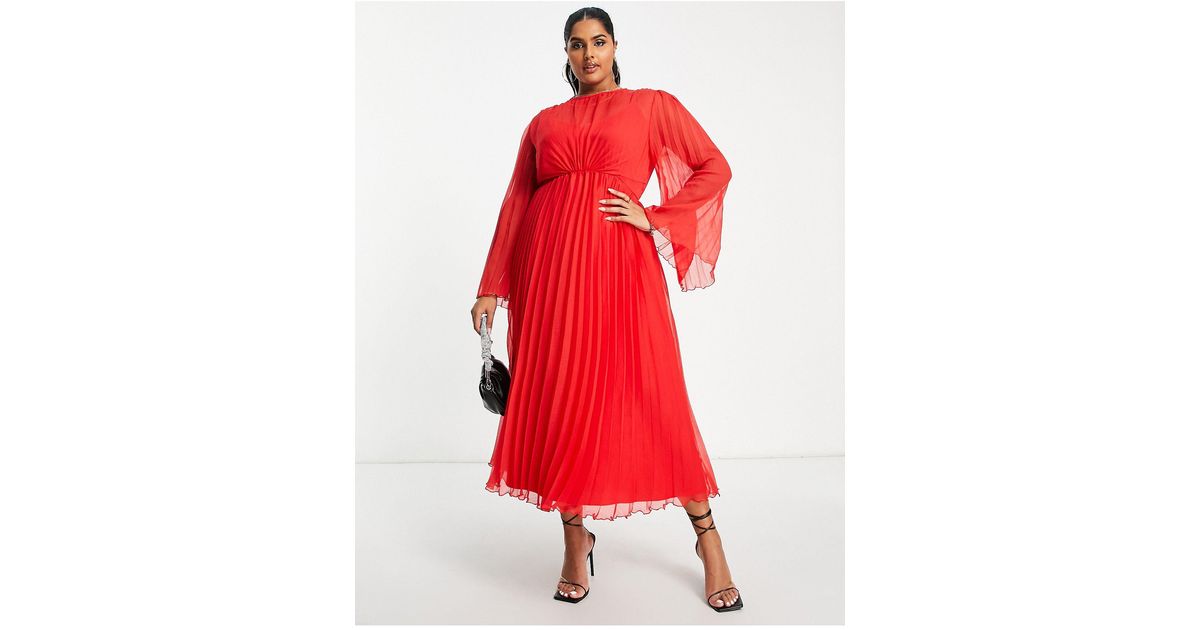 ASOS Asos Design Curve Tie Back Fluted Sleeve Pleated Midi Dress in Red ...