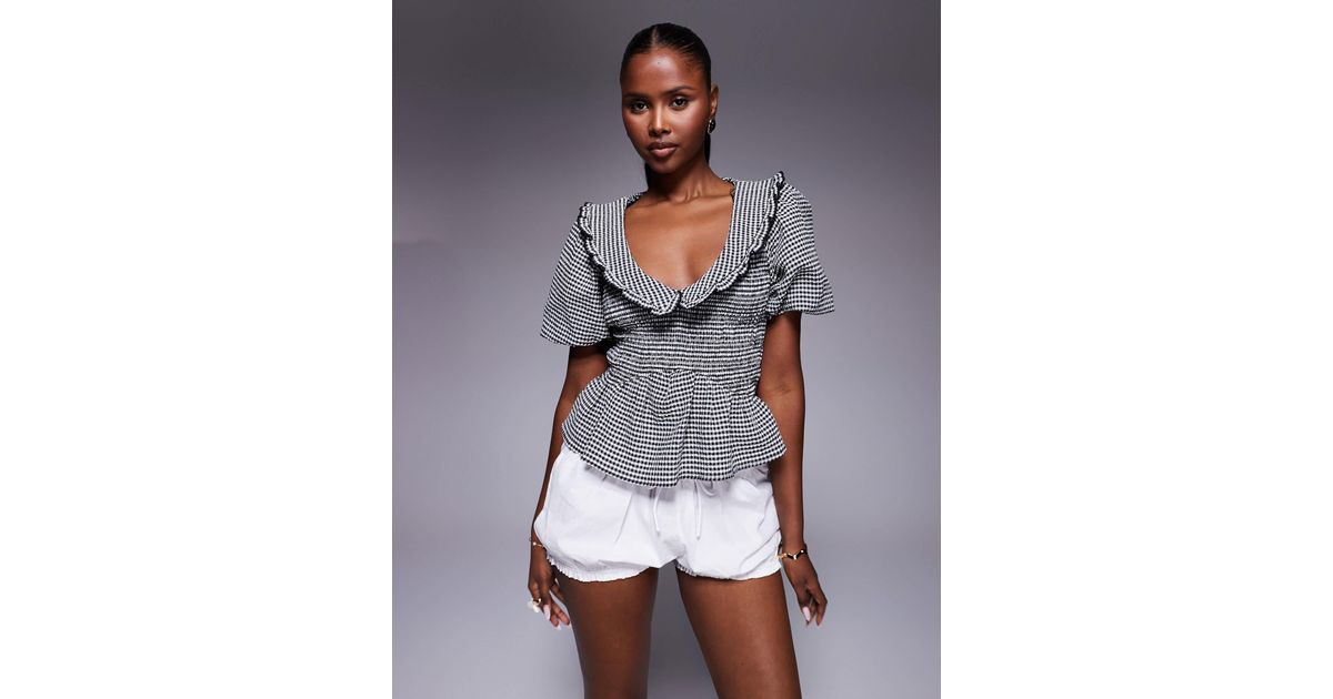 River Island Puff Sleeve Gingham Shirred Top in Gray Lyst