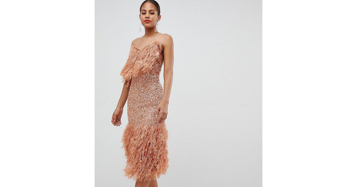 ASOS Denim Asos Design Tall Feather Effect Trim Sequin Midi Bodycon Dress in Pink - Lyst