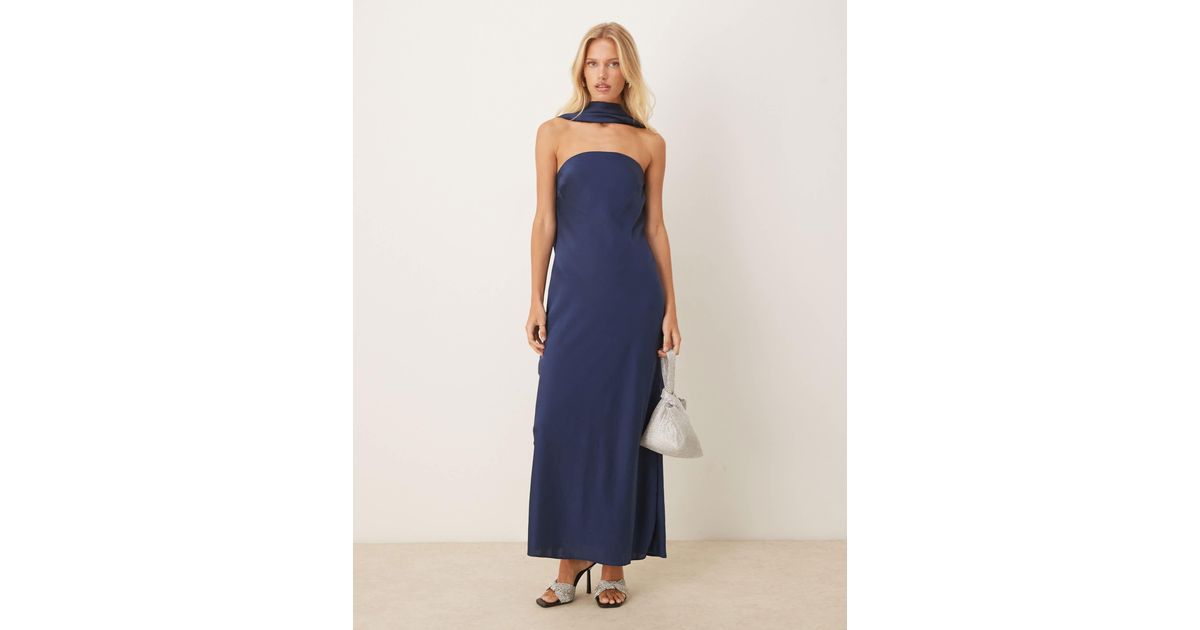 Abercrombie & Fitch Draped Cowl Halter Neck Maxi Dress in Blue | Lyst