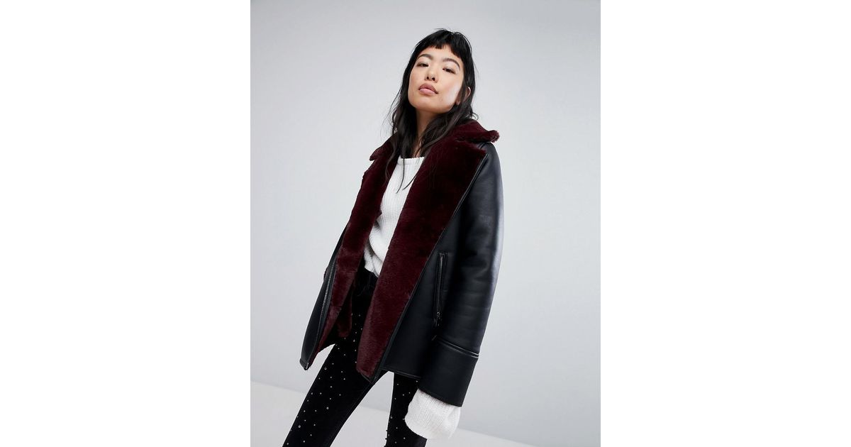 Stradivarius Black Biker Jacket With Contrast Shearling