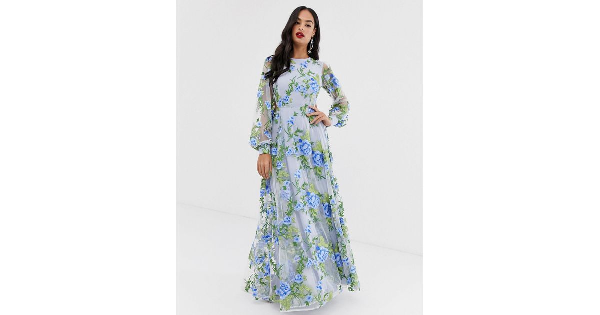 ASOS Embroidered Maxi Dress With Open Back in Blue | Lyst UK