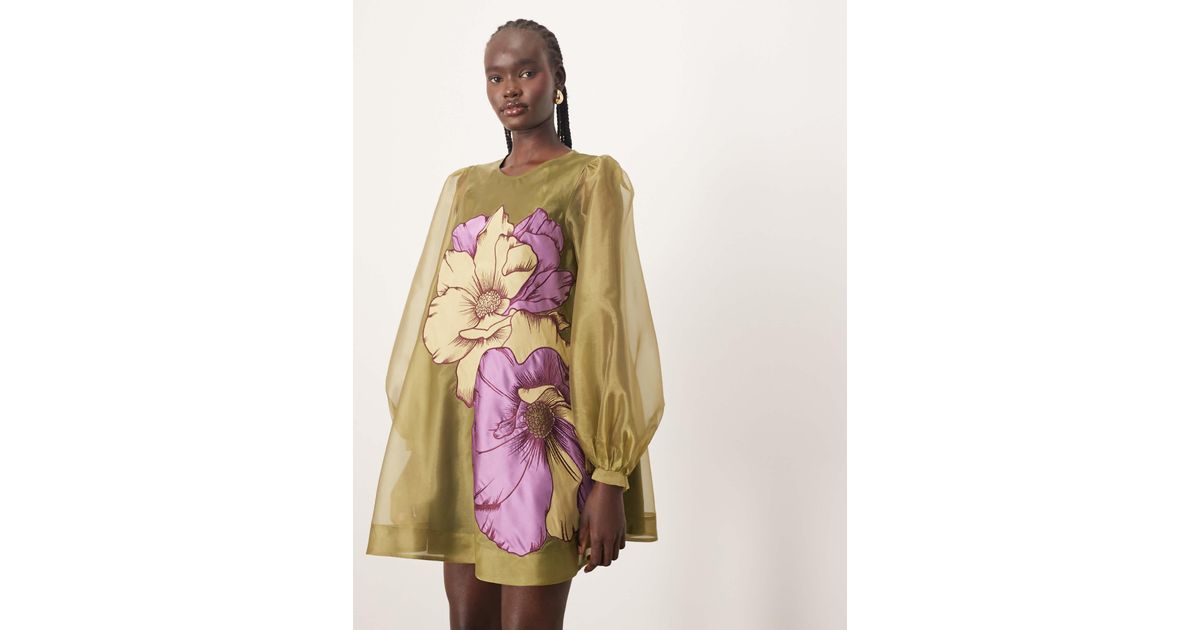 arabesque floral green long sleeve mini dress Farm Rio Arabesque Floral Long-Sleeve High-Neck Mini Dress