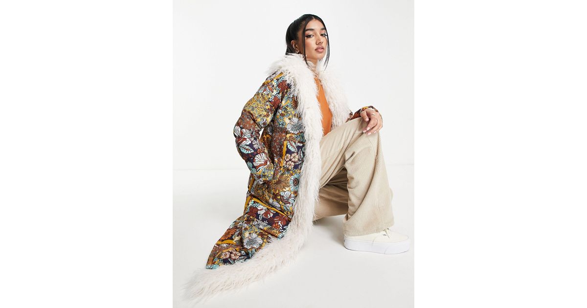 Miss Selfridge Mongolian Faux Fur Longline Patchwork Print Puffer