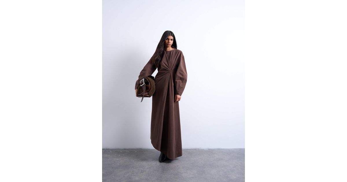 TOPSHOP Knot Detail Midi Dress With Asymmetric Hem in Brown | Lyst