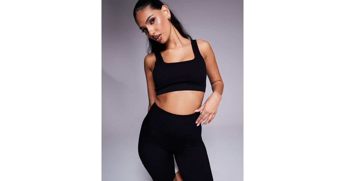 4505 Icon Mid Impact Seamless Rib Sports Bra With Square Neck in Black