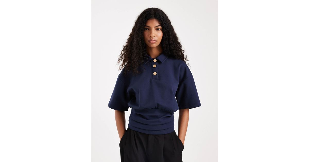 ASOS Short Sleeve Collared With Gold Buttons Top in Blue | Lyst