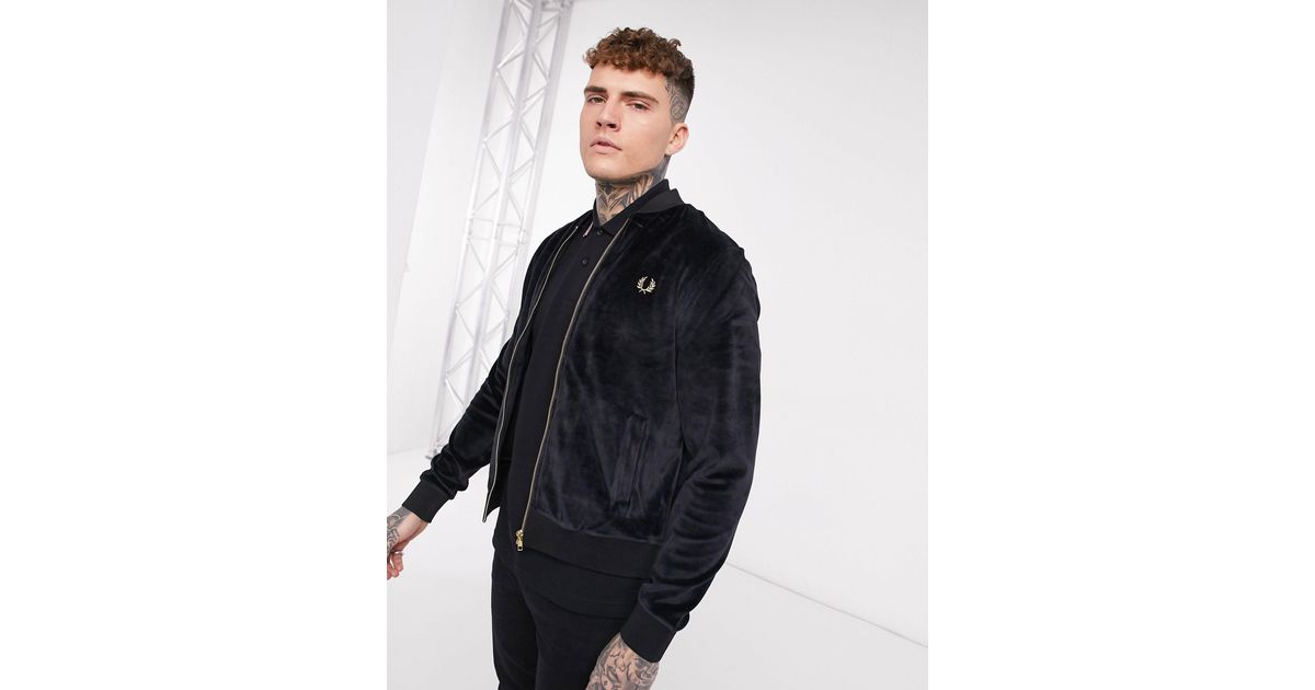 fred perry gold detail velour bomber jacket in black